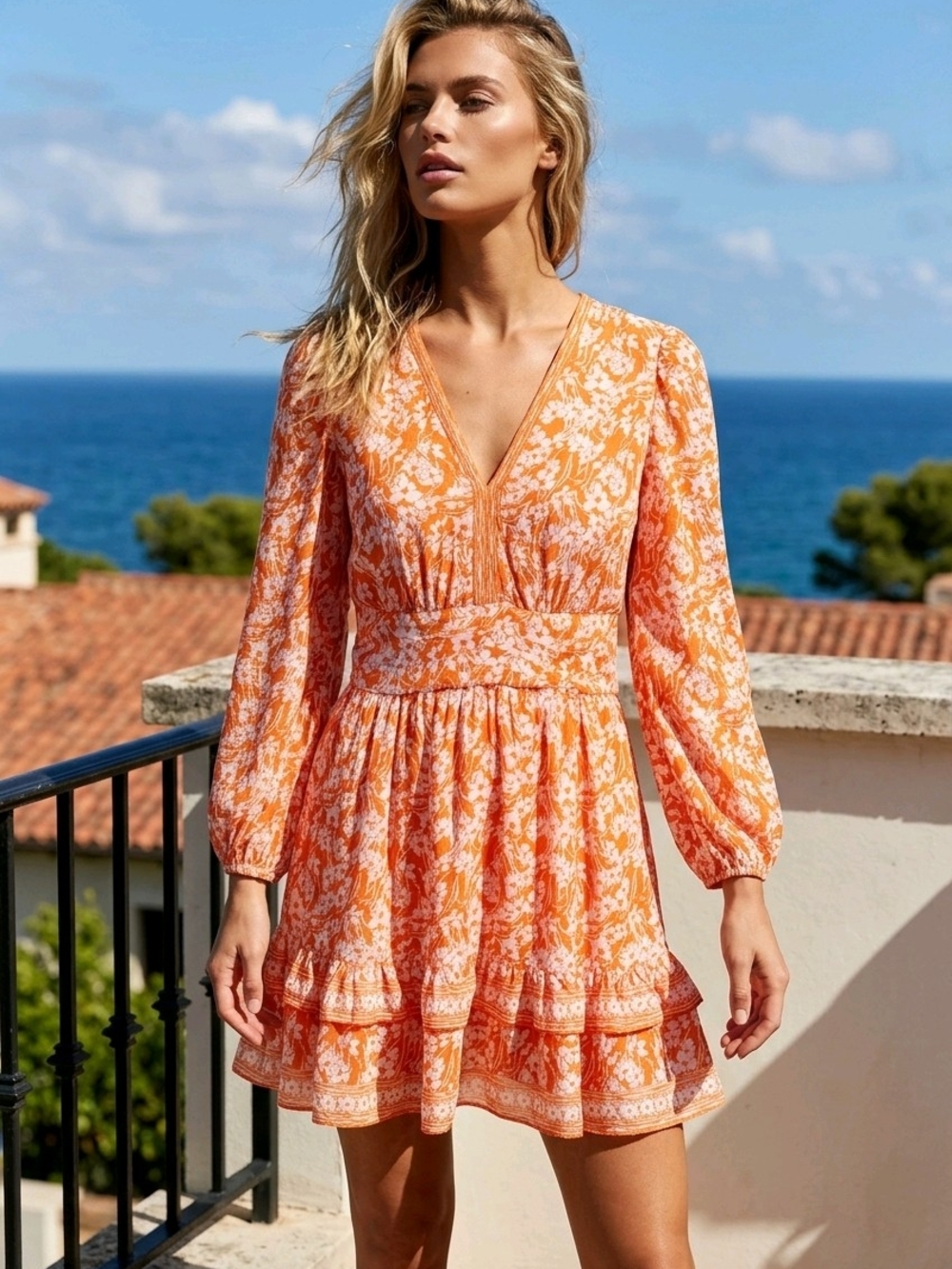 Max Studio Orange White Floral Mini Dress Very Boho Costal Vacation New With Tag